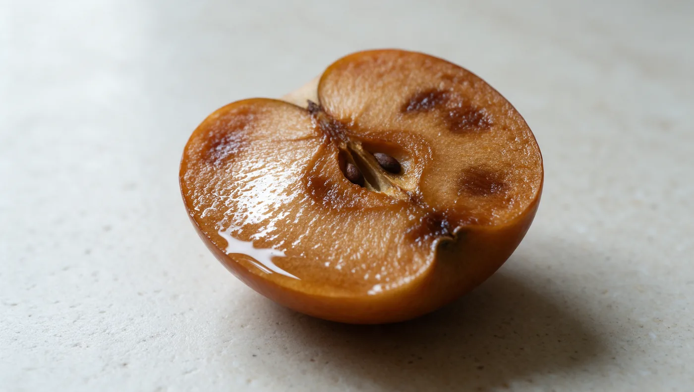 A halved apple,
        its cut face oxidised amber and beginning to ferment
