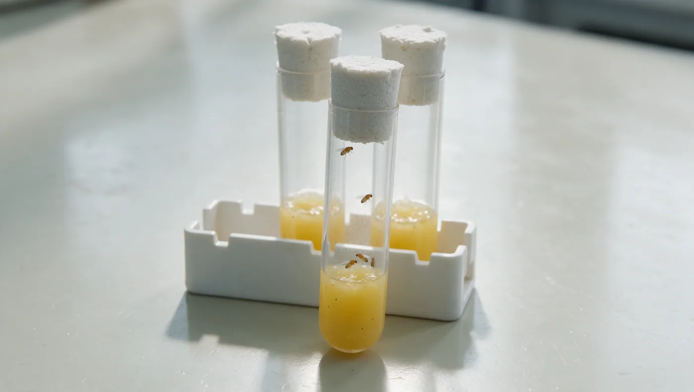 Three Drosophila
        culture vials with foam stoppers in a white rack on a laboratory bench